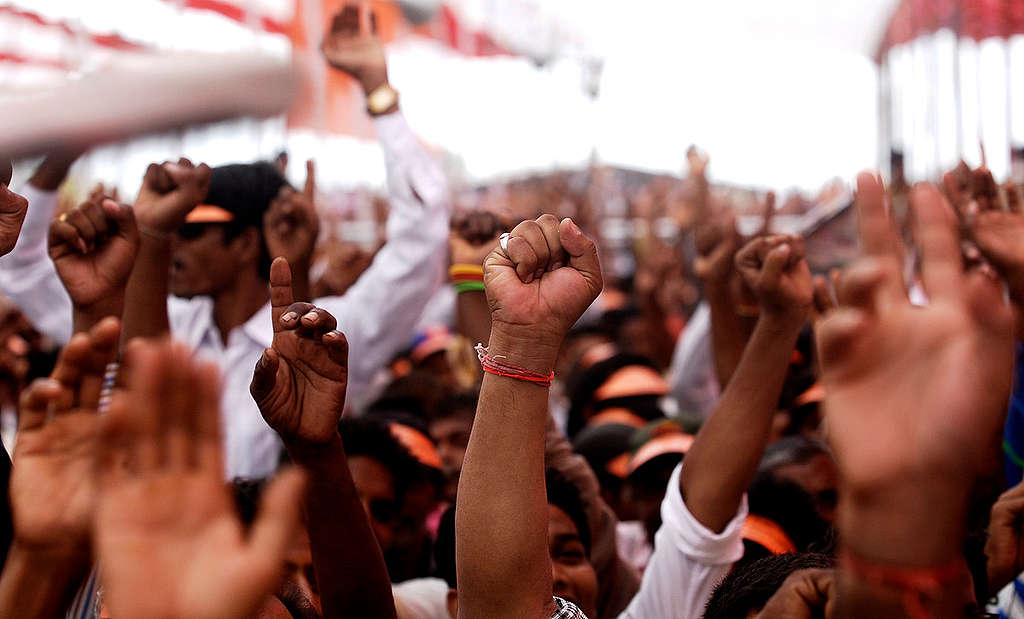 People participate in a protest rally against the proposed nuclear plant in Jaitapur. The large turn out at the rally holds testimony to the fact that locals do not want AREVA to install its untested EPR reactors on their land.