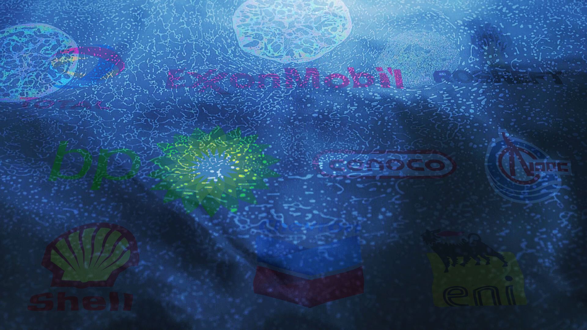 Illustration of oil company logos superimposed onto oil-slicked water