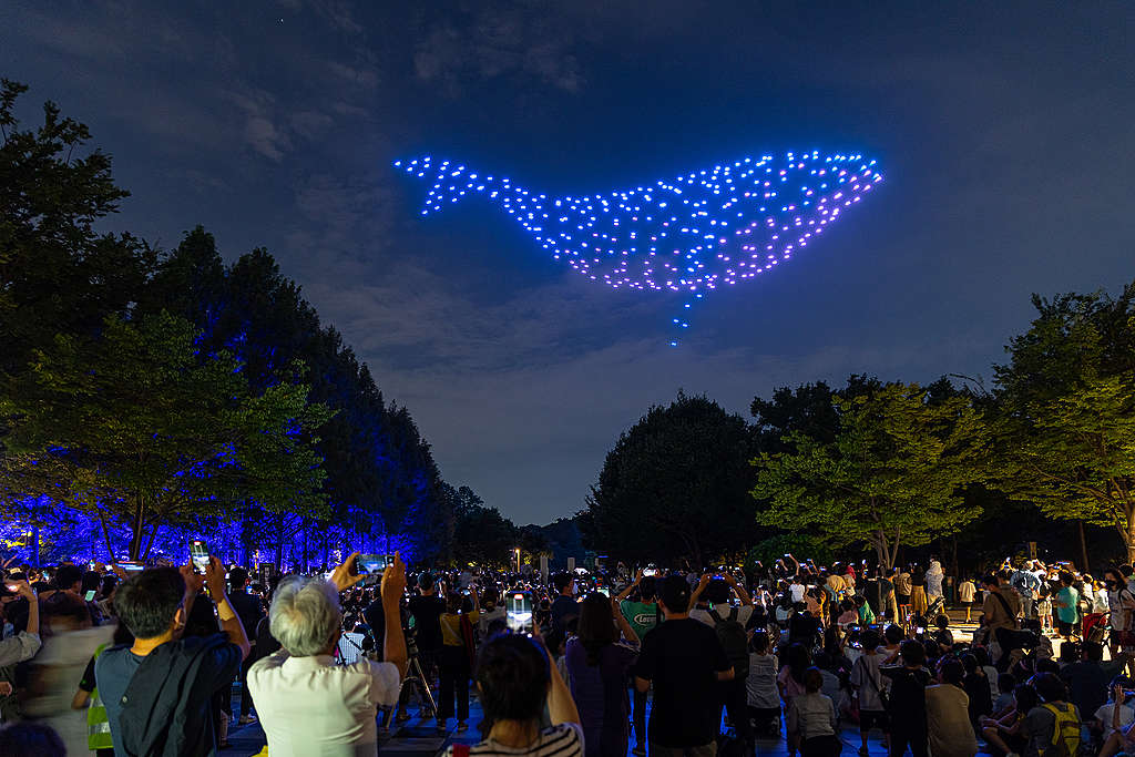 huge whale image in blue lights appears in the night sky above a crowd of onlookers during an ocean-themed drone light show in Seoul, Korea