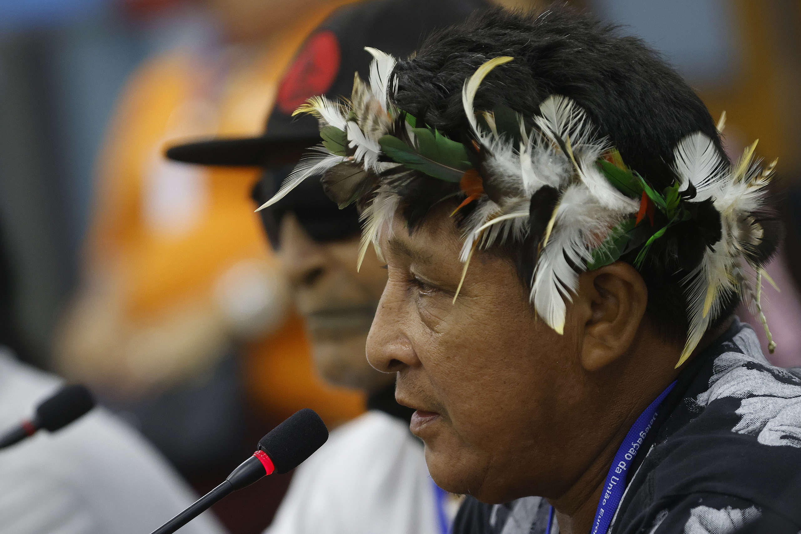 Photo of Karipuna speaking at the EU Embassy in Brazil