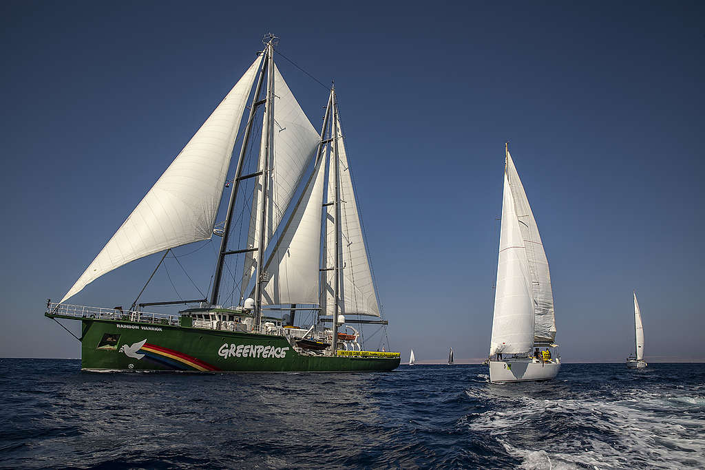 A flotilla welcomes the Greenpeace vessel Rainbow Warrior to Hurghada port as part of the United for Climate Justice ship tour ahead of COP27 taking place in November 2022 in Sharm El Sheik, Egypt.