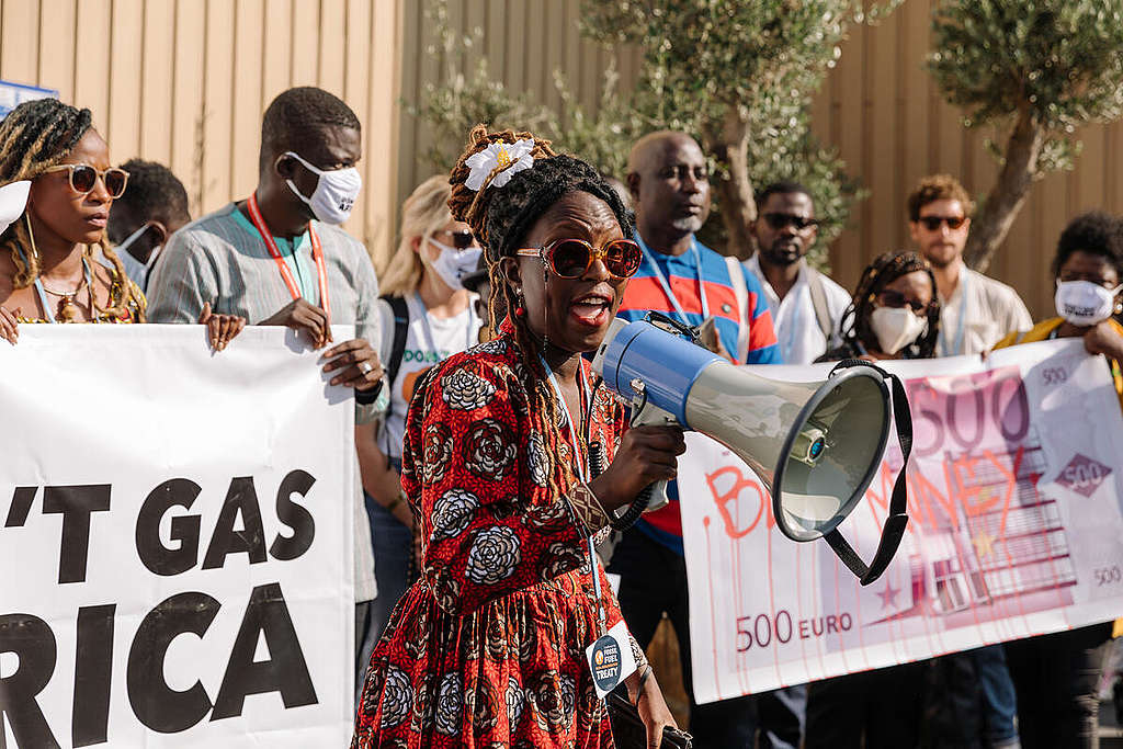 Campaigners in Africa hold up banners and use a megaphone to call for an end to fossil-fuel-induced energy apartheid.