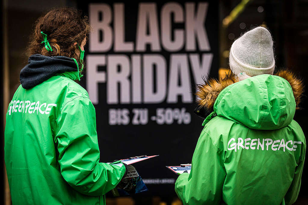 Black Friday Action with Tower of Packaging Boxes in Osnabrück, Germany.