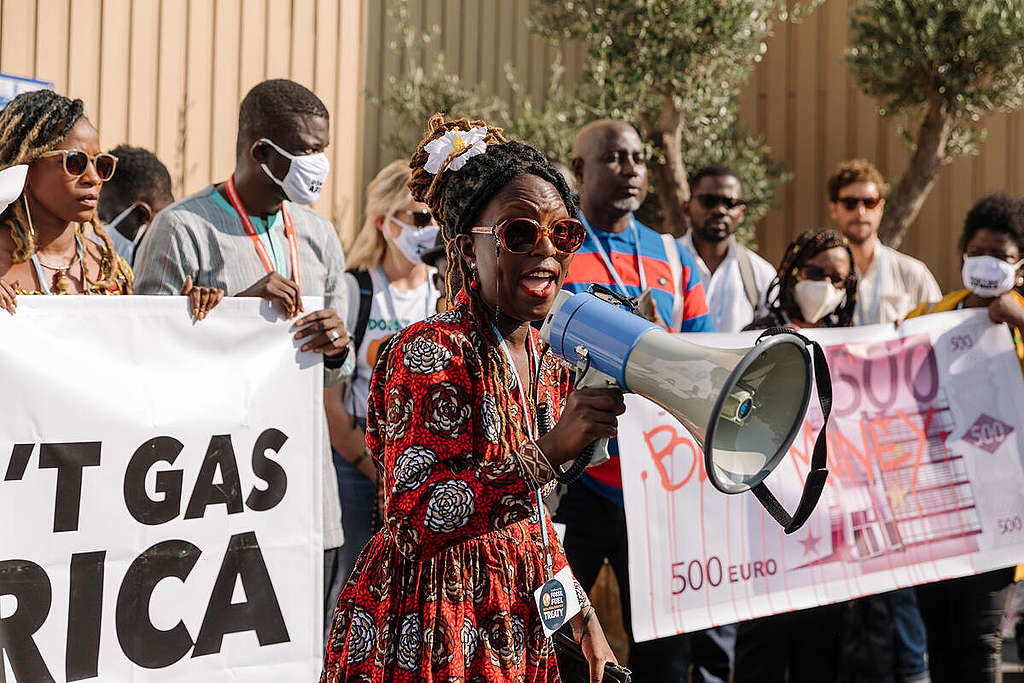 Don't Gas Africa Event during COP27. Campaigners call for an end to fossil-fuel-induced energy apartheid in Africa and ask to scale up cost-effective, clean, decentralized, renewable energy to end energy exclusion and meet the needs of Africa's people.