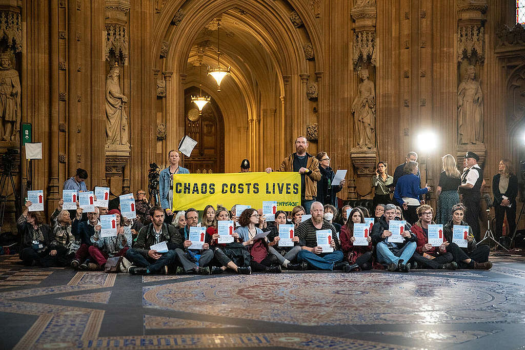 Energy Crisis Activists Occupy Central Lobby of Parliament in London.