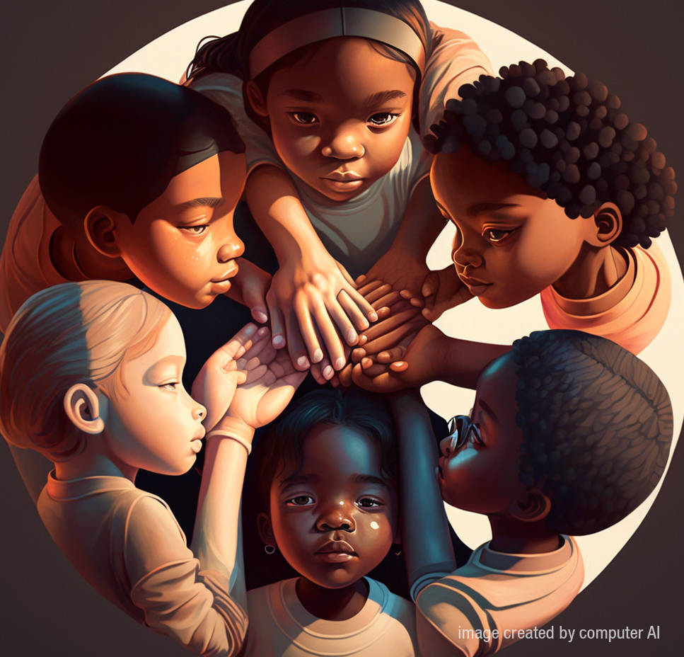 Image shows AI generated image with keywords "Children of different races huddle together - one team"