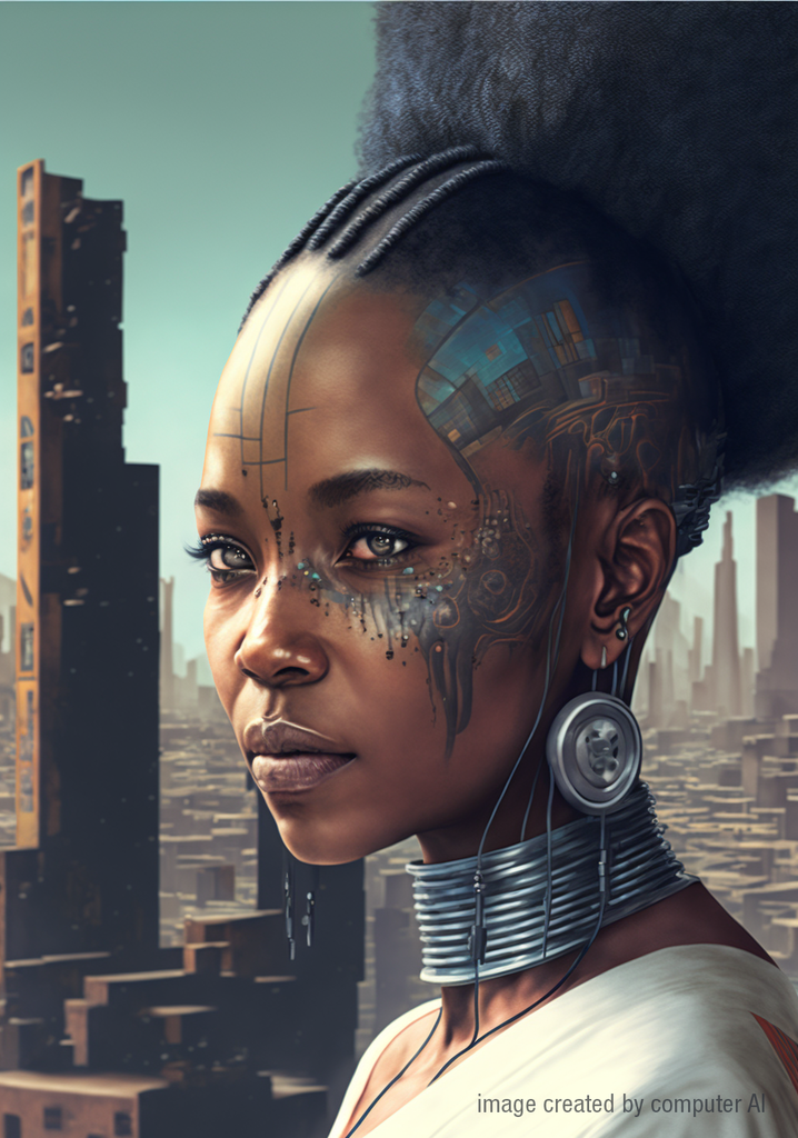 Image shows AI generated image with keywords Citizen of Afrofuturist Jo’burg