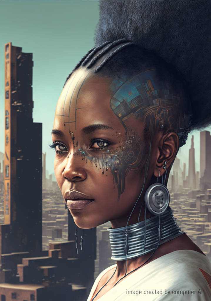 Image shows AI generated image with keywords Citizen of Afrofuturist Jo'burg