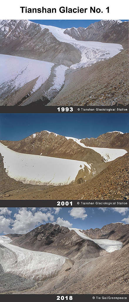 Retreat of Tianshan Glacier No. 1 in Xinjiang, China. © Greenpeace / Tianshan Glaciological Station / Tie Gai Retreat of Tianshan Glacier No. 1 in Xinjiang, China. © Greenpeace / Tianshan Glaciological Station / Tie Gai