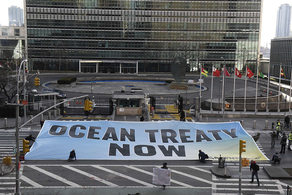 Activist display a banner on the street outside of the UN building that reads: ‘Ocean Treaty Now’