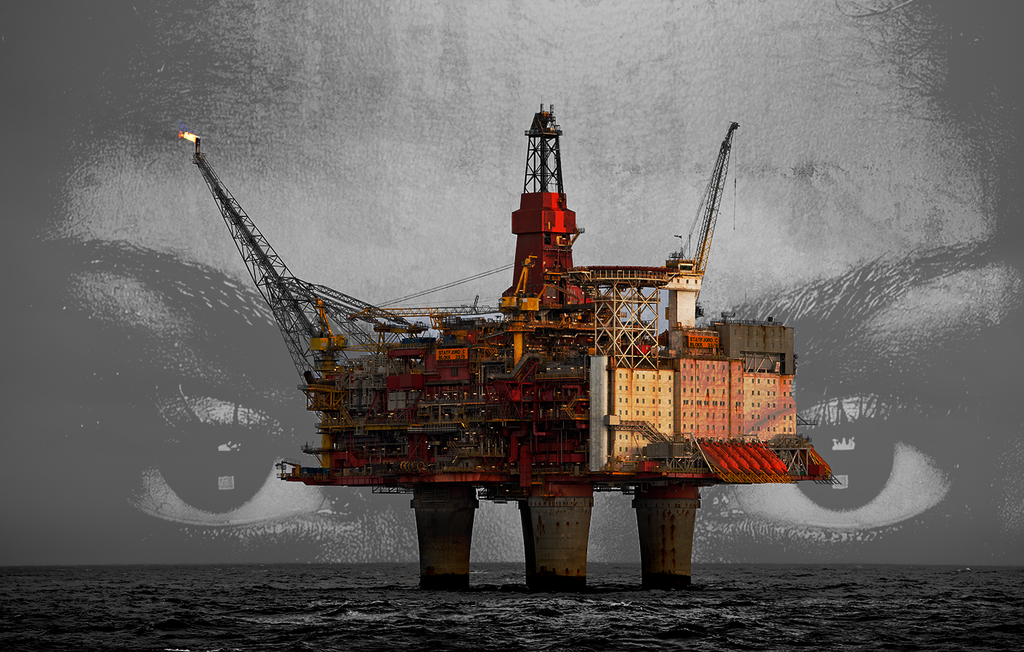 Fossil Free Revolution visual - Picture of human face superposed on picture of offshore oil platform rig in ocean.