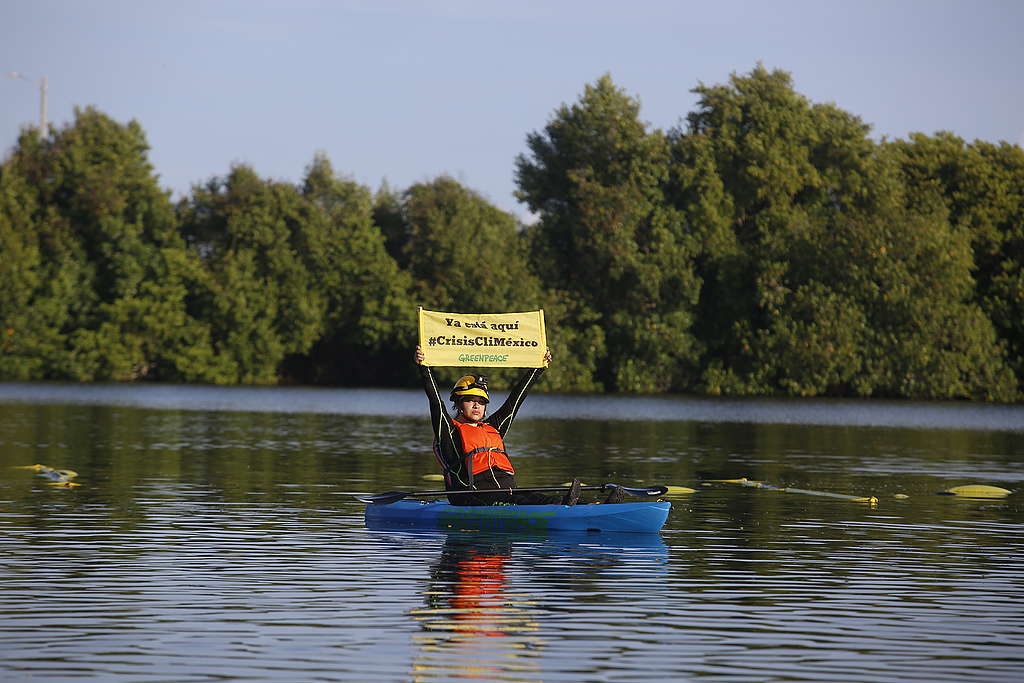 Libby in a canoe on the water holding a banner that reads #CrisisCliMexico