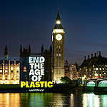 Plastics campaigners beam a message calling for a strong global plastics treaty onto the face of Parliament days before delegates gather for the next round of negotiations in Paris. 
Activists from Greenpeace UK project a message challenging environment secretary Therese Coffey to act now to end the scourge of plastic pollution. The projection is one of a series expected in countries across the world ahead of the conference.