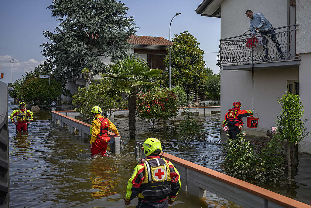 Special operators (OPSA) of the Italian Red Cross and firefighters rescuers seek and help residents blocked in their homes after heavy rains caused flooding across Italy's northern Emilia Romagna region, on May 25, 2023 in Conselice, Italy. The region of Emilia-Romagna experienced severe flooding in the last week, resulting in widespread damage and more than a dozen deaths. Antonio Masiello/Getty Images