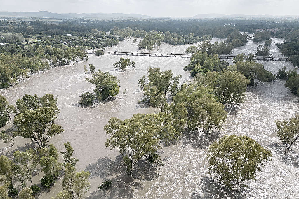 An aerial view of a flooded Vaal River running through Parys on February 19, 2023 after heavy rainfall wreaked havoc with the Vaal dam exceeding maximum capacity resulting in the Vaal River being flooded in South Africa.Photo by SHIRAAZ MOHAMED/AFP via Getty Images