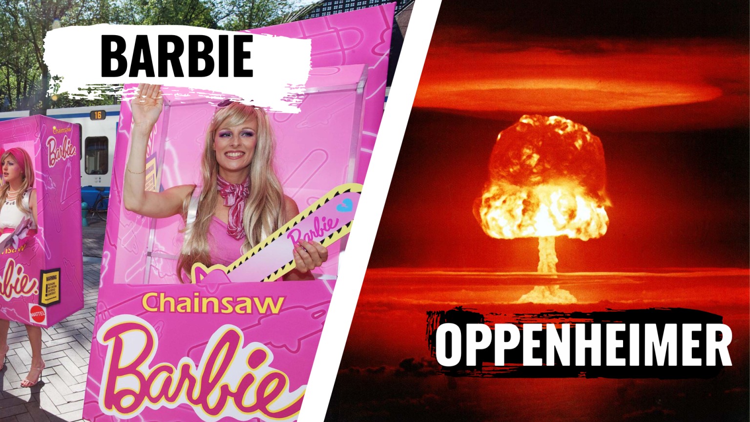Miniature for Barbie Vs Oppenheimer blog. Left: June 2011, Barbie Mattel Action in Amsterdam Greenpeace activists dressed as "Barbie" and "Ken" pose with pink chainsaws to hand out campaign leaflets to the public. Right: March 1954, Castle Romeo nuclear test (yield 11 Mt) on Bikini Atoll. National Nuclear Security Administration Nevada Site Office Photo Library under number XX-33. US Department Of Energy, Public Domain.