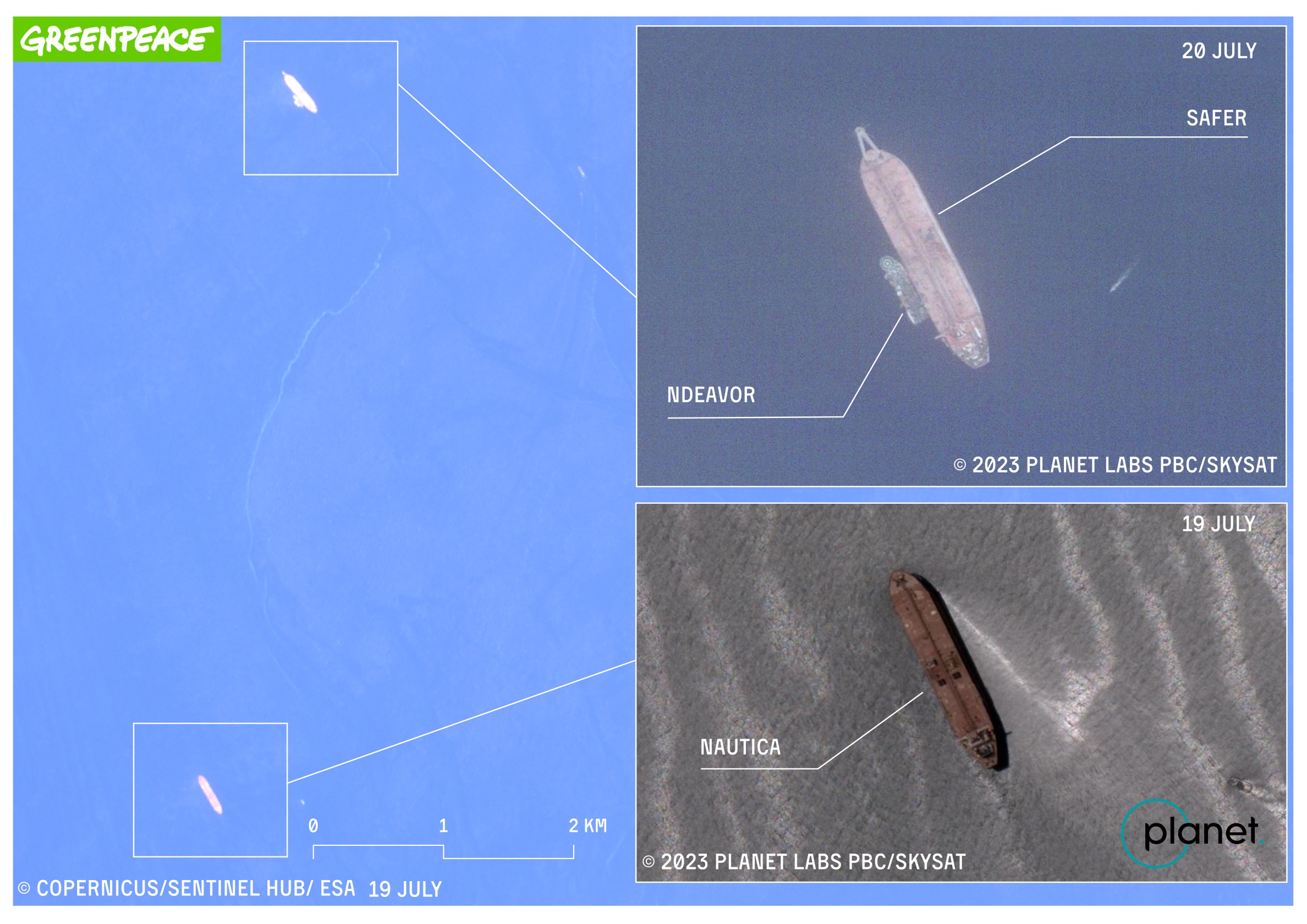 Satellite pictures showing rescue vessels NDEAVOR and NAUTICA (renamed YEMEN) alongside the FSO Safer off the coast of Yemen, in the Red Sea.