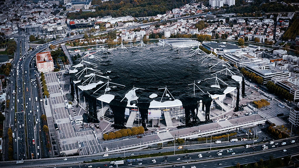 Stade de France filled with oil (illustration)