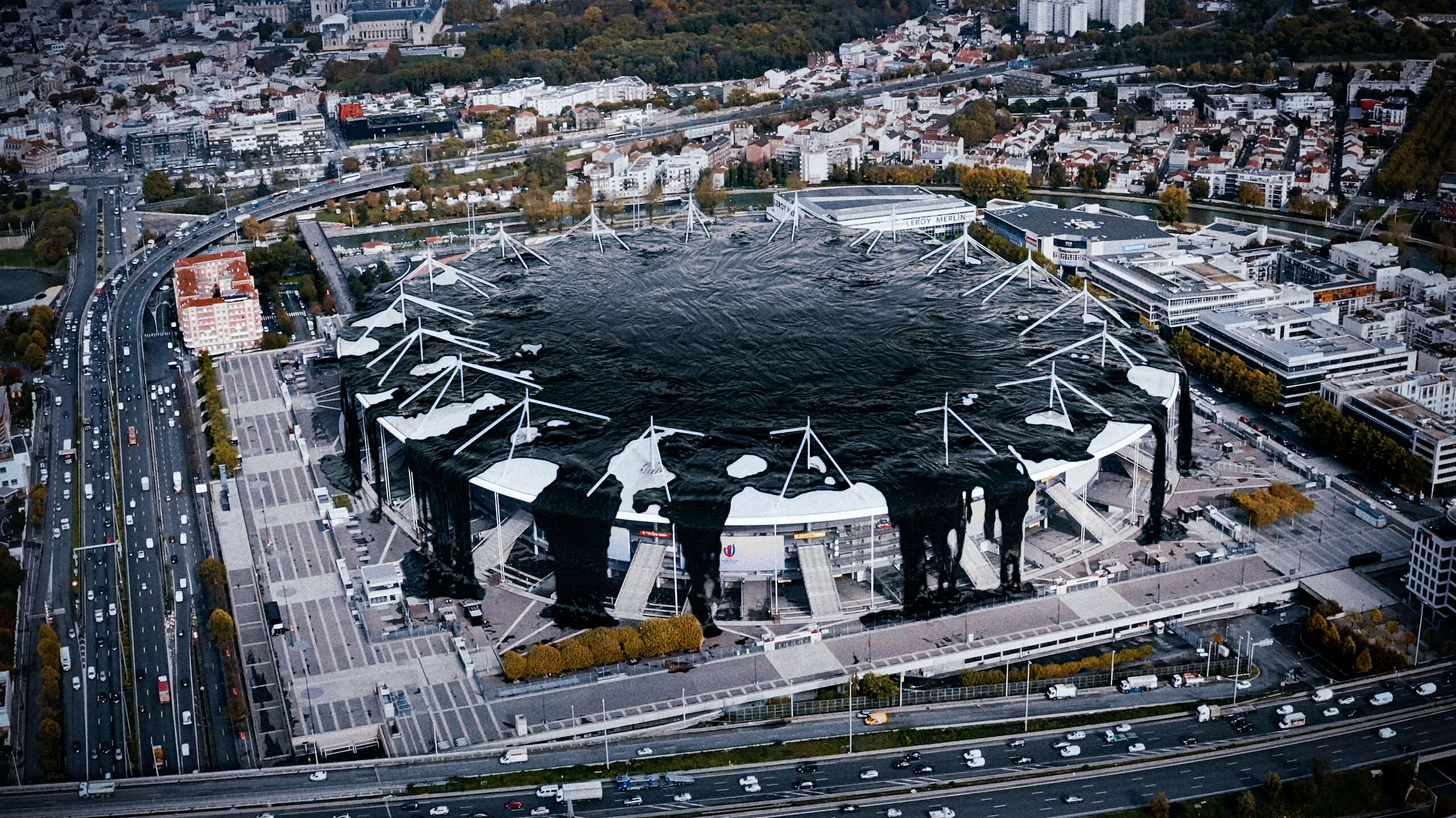 Stade de France filled with oil (illustration)