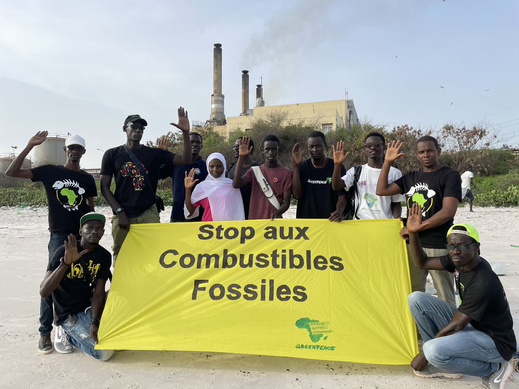 Group of people hold up hand behind a yellow banner reading "End Fossil Fuels" in French during global mobilisation to End Fossil Fuels