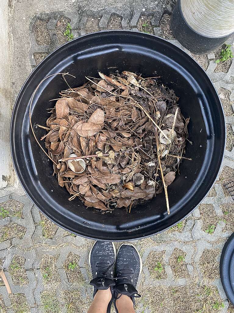 A compost bucket with dried leaves, twigs, and leftover food particles