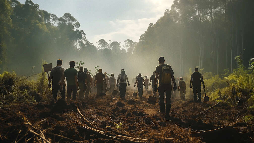 Mindbomb. People with tools in hands, march into the deforested areas to reverse nature destruction.