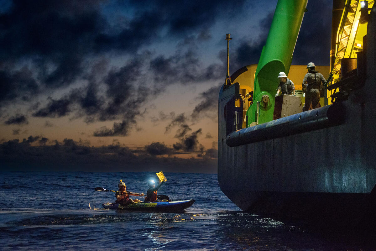 Night Confrontation with a Deep Sea Mining Ship in the at-risk Pacific Region. © Martin Katz / Greenpeace