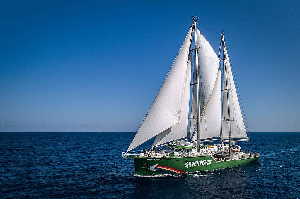 rone aerial of the Rainbow Warrior under sail in the Indian Ocean during the 'Beyond Seafood' campaign. © Maarten Van Rouveroy / Greenpeace 