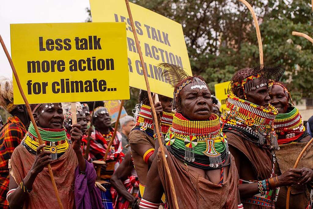 Climate activists take to the streets at the Africa Climate Summit in Nairobi, Kenya, urging the African Union to lead by example and protect African biodiversity, end fossil fuels driving catastrophic climate change and invest in real solutions by shifting to solar and wind energy. Signs read "Less talk more action for Climate".