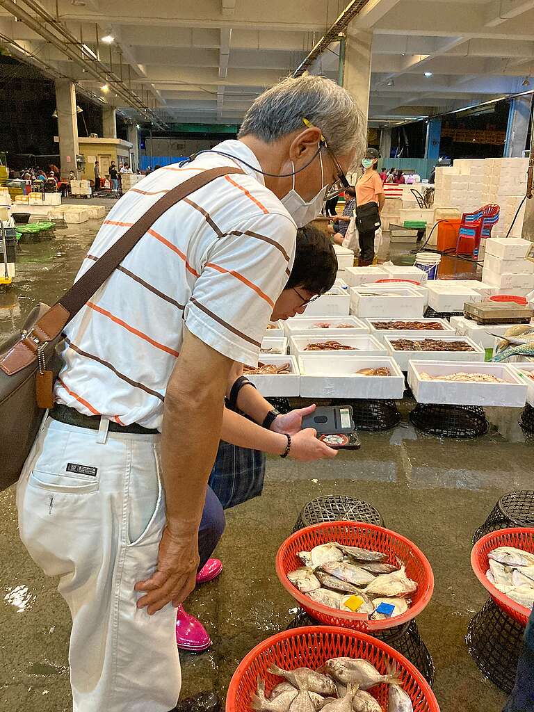 An elderly man bending over a plastic basket full of fish An elderly man bending over a plastic basket full of fish
