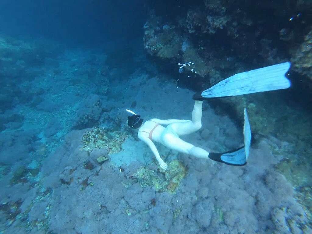 A woman is snorkeling under the ocean A woman is snorkling under the ocean