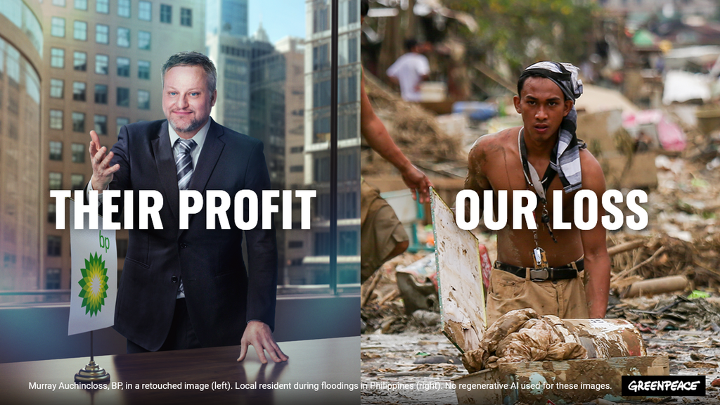 Murray Auchincloss, BP, in a retouched image (Top). Local resident during floodings in Philippines (bottom).