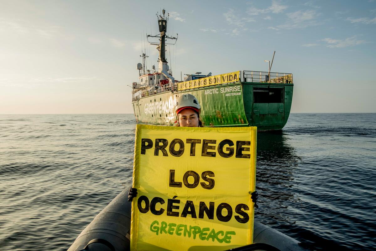 A Greenpeace crew member holds a banner reading 'Protege Los Océanos' (Protect The Oceans) from a RHIB in the Pacific Ocean. The Greenpeace ship Arctic Sunrise is seen in the background with a banner that reads: 'Los Oceanos Son Vida' (Oceans Are Life). The Arctic Sunrise is on a six-week expedition around the Galápagos islands, with scientists from the Jocotoco Conservation Foundation, the Charles Darwin Foundation, the Galápagos Science Center, MigraMar and Galápagos park rangers. The expedition will showcase the power of marine protection by documenting the success of the Galápagos Marine Reserve through the incredible wildlife and habitats of the sea near the Galápagos. Data collected during the expedition will help to make the case for a new high seas protected area.