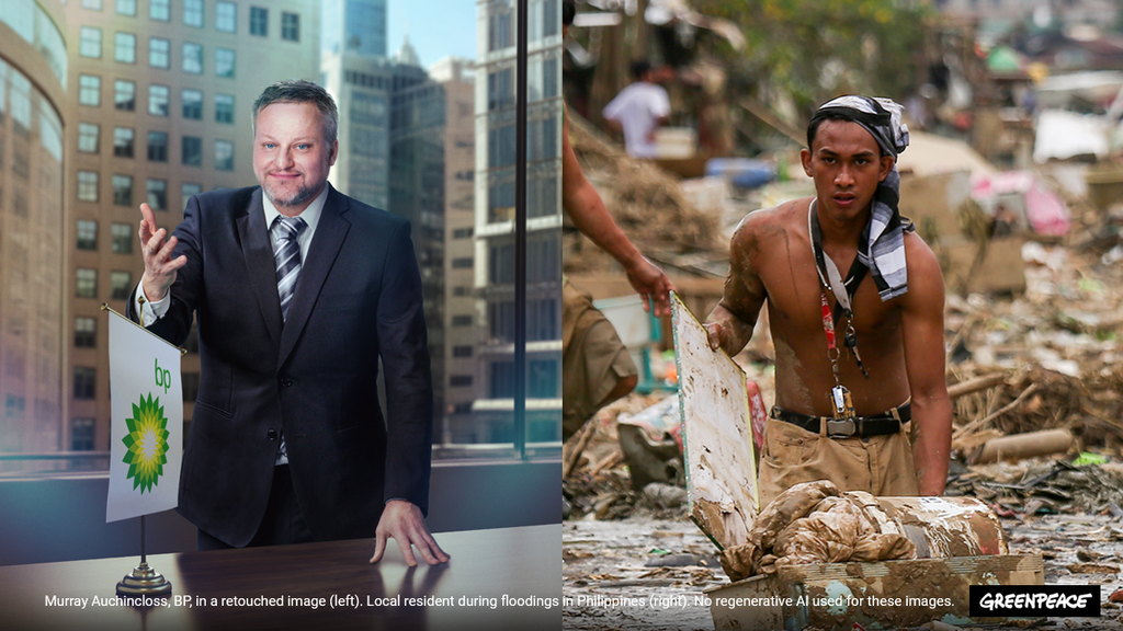 Murray Auchincloss, BP, in a retouched image (left). Local resident during floods in Philippines (bottom). Disclaimer: Images of CEOs used in this campaign are staged and doctored for illustrative purposes. Illustrations are created without the use of generative AI.