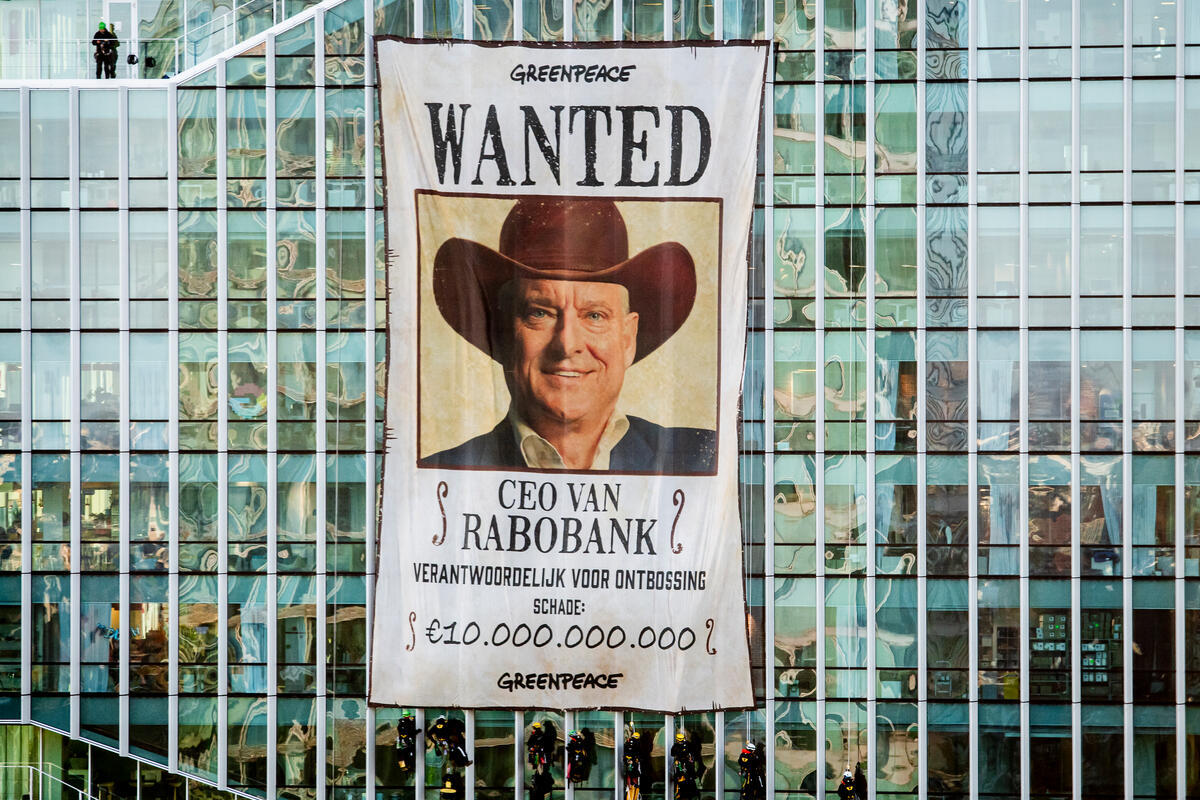 Protest against CEO Rabobank at the Dutch Financial District in Amsterdam. © Marten  van Dijl / Greenpeace