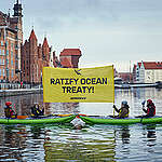Greenpeace Poland activists on kayaks in Gdansk demand an urgent ratification of the Ocean Treaty.

This message is addressed to the Polish government, which has taken over the presidency of the EU Council and is hosting EU commissioners in Gdańsk on this occasion. The main topic of talks in the ECS building is to be the most important actions for the next six months. Activists are demanding that one of them be the ratification of the Treaty by the Polish government and other EU countries.