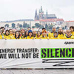 As part of a Global Week of Action Greenpeace Czech republic activists and supporters show the widespread solidarity of the global GP network to send the message to Energy Transfer: "We will not be silenced.