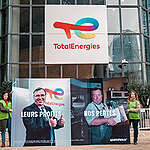 Greenpeace France protesters erect a giant billboard outside TotalEnergies' headquarters accusing them of fueling climate change, during the annual profit announcements by the world’s largest international oil companies season.

The billboard, which features an image of Patrick Pouyané, TotalEnergies' CEO, in a retouched image, contrasted with local resident during floodings in France and the slogan “Our profit, your loss”.