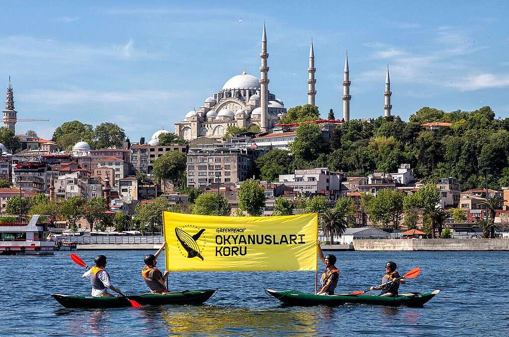 Greenpeace Turkey activists unfurl a 'Protect the Oceans' banner in the Golden Horn, calling on Turkey to ratify the Global Ocean Treaty. The Global Ocean Treaty, which received the first signatures in September 2023, is waiting for ratification to be implemented. Greenpeace, which launched a campaign to protect the oceans before the United Nations Oceans Conference to be held in France in June, calls on Turkey to ratify the treaty in the Parliament. Turkey has signed the treaty in September 2024.© Caner Özkan / Greenpeace Greenpeace Turkey activists unfurl a 'Protect the Oceans' banner in the Golden Horn, calling on Turkey to ratify the Global Ocean Treaty. The Global Ocean Treaty, which received the first signatures in September 2023, is waiting for ratification to be implemented. Greenpeace, which launched a campaign to protect the oceans before the United Nations Oceans Conference to be held in France in June, calls on Turkey to ratify the treaty in the Parliament. Turkey has signed the treaty in September 2024.© Caner Özkan / Greenpeace