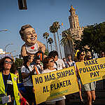 Greenpeace Spain presents a 4-metre doll of a baby Elon Musk threatening the planet with his chainsaw during the civil society march ahead of the 4th International Conference on Financing for Development (FfD4) that starts tomorrow in Seville. The organisation is calling on world leaders to push for ambitious commitments to fair new global rules on tax and debt, and to hold billionaires and fossil polluters accountable for the climate change they cause.