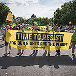 Nearly 100,000 people demonstrated in Paris and 300,000 in France to defend workers’ rights, including the right to live in a peaceful world and a healthy environment.
Greenpeace France participated in the demonstration to denounce the collusion between billionaires, fossil industries and the far right, and to emphasize the unbreakable link between ecology and the fight against discrimination. 
Nearly 100,000 people demonstrated in Paris and 300,000 in France to defend workers’ rights, including the right to live in a peaceful world and a healthy environment.
Greenpeace France participated in the demonstration to denounce the collusion between billionaires, fossil industries and the far right, and to emphasize the unbreakable link between ecology and the fight against discrimination. 
As part of Greenpeace International’s global campaign against the SLAPP (Strategic lawsuit against public participation) order against Greenpeace USA, Greenpeace volunteers unfurled a banner with the text "Time to Resist".