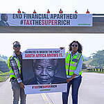 Greenpeace Africa activists hung a giant banner with a photo of South African president Cyril Ramaphosa reading 'End Financial Apartheid #TaxTheSuperRich', ahead of the G20's 3rd Finance Ministers and Central Bank Governors’  meeting in Durban. Other activists hold a banner with the portrait of Nelson Mandela and the text "Fairness worth the fight - South Africa Knows It".
Greenpeace is demanding the G20 host push ahead on accelerating efforts to impose a wealth tax on the world’s billionaires and to support the UN Tax Convention for new and fair global tax rules.