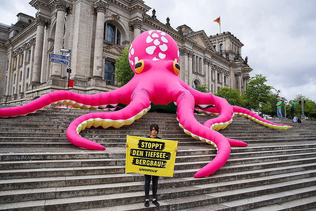 Pink Octopus against Deep Sea Mining at Bundestag Berlin. © Anne Barth / Greenpeace Pink Octopus against Deep Sea Mining at Bundestag Berlin. © Anne Barth / Greenpeace
