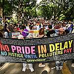 Greenpeace activists and volunteers joined the lively celebrations Saturday, June 28, during the annual “LoveLaban” Pride Festival at UP Diliman Campus in Quezon City.
The environmental organization was there to celebrate pride and courage for the environment, to highlight the intersection of queer rights and climate justice, and protest the lack of accountability for those who contribute most to climate disasters: giant oil and gas corporations. Meanwhile, the vulnerabilities of marginalized communities are magnified by extreme weather events, such as when queer individuals are deprived of basic recovery services because of their sexual orientation or gender identities.
This is the fourth year in a row Greenpeace Philippines joined the biggest Pride event in Southeast Asia. This year, the group enjoined LGBTQIA+ advocates and allies to lend their voices to global calls for governments to make polluting corporations pay, through Greenpeace’s worldwide signature collection drive, the Polluters Pay Pact.
The pact, which brings together calls from climate-impacted communities and concerned citizens worldwide, is a global bid to make those in power realize that people, especially those who experience discrimination and prejudice, have been paying the highest price from the effects of climate change phenomena that they have had little do with. Greenpeace believes that it is the large corporate fossil fuel industry which has to pay for the financial, emotional, health, and cultural damage caused by climate change—and that those most affected by the crisis should be at the forefront of this movement for justice.
