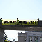 As world governments meet in Geneva for the  , Greenpeace activists create a symbolic trail of black oil and hang massive banners on the entrance of the Palais des Nations to call out the undue influence of the fossil fuel industry in the negotiations.The action highlights attempts by fossil fuel lobbyists and oil producing states to prevent countries agreeing to cut plastic production as a core part of the new treaty.