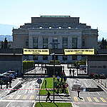 As world governments meet in Geneva for the Global Plastic Treaty Talks, Greenpeace activists create a symbolic trail of black oil and hang massive banners on the entrance of the Palais des Nations to call out the undue influence of the fossil fuel industry in the negotiations.The action highlights attempts by fossil fuel lobbyists and oil producing states to prevent countries agreeing to cut plastic production as a core part of the new treaty.