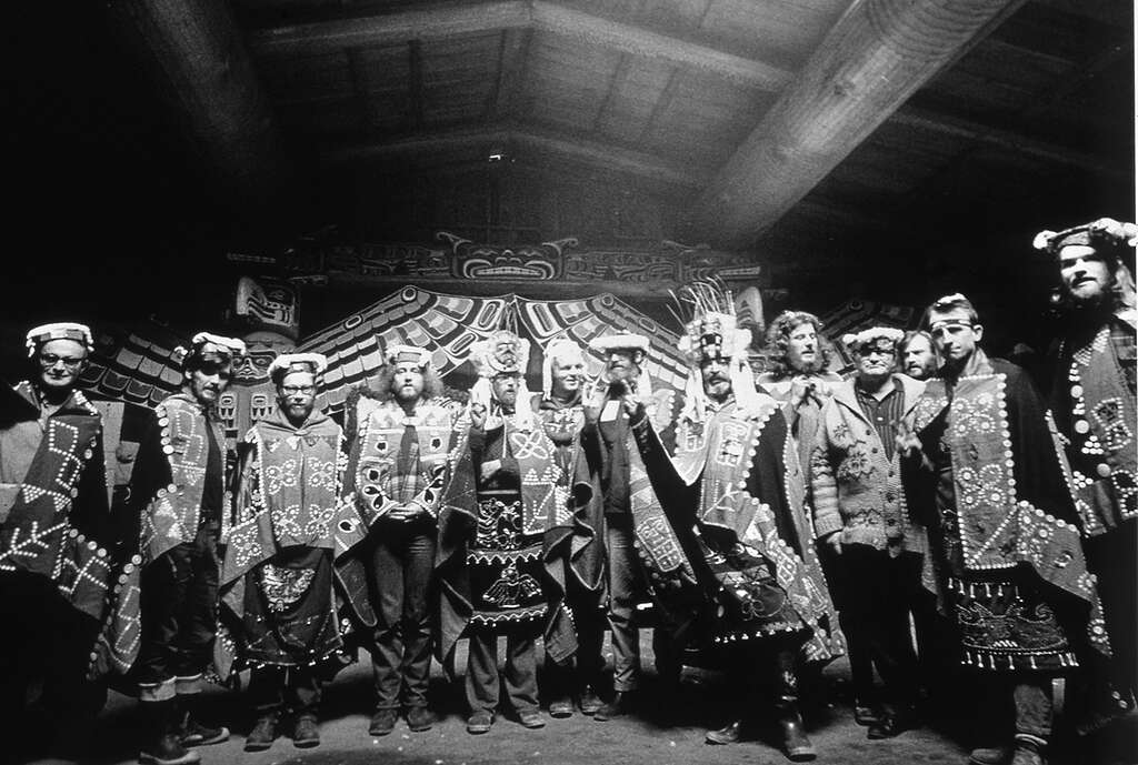 Greenpeace crew members wearing traditional regalia. Kwakwaka’wakw Peoples of Alert Bay (Vancouver to Amchitka: 1971). © Greenpeace / Robert Keziere