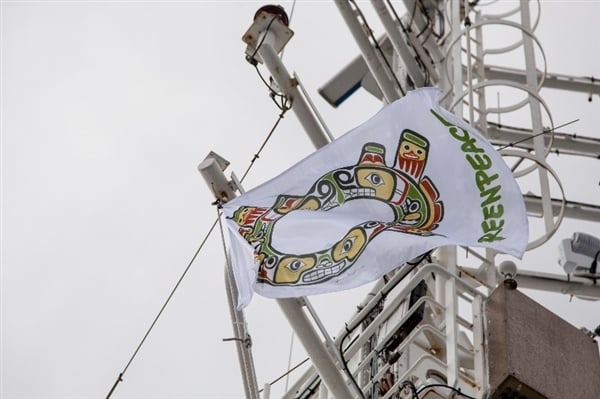 The renewed Sisiutl Crest flies proudly alongside international Greenpeace and Haida Nation flags on the Esperanza ship. The renewed Sisiutl Crest flies proudly alongside international Greenpeace and Haida Nation flags on the Esperanza ship. © Joseph Strohan / Greenpeace.