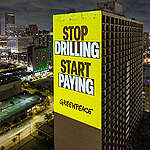 A bold “Make Polluters Pay” projection lit up Houston during CERAWeek—the fossil fuel industry’s so-called “Super Bowl”—calling out Big Oil for its central role in driving the climate crisis. The campaign demands that the industry not only be held accountable for past damage, but also be forced to fund the costs of preparing our communities for the escalating impacts of climate change.