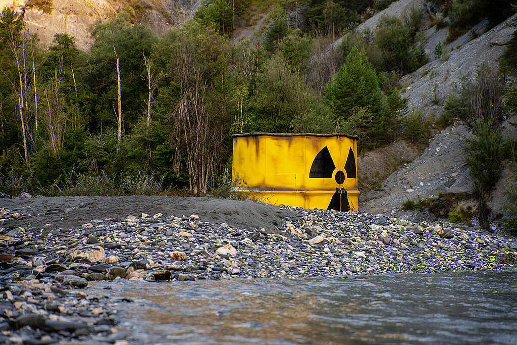 Art Installation: Giant Nuclear Waste Barrel Appears in the Rhine Gorge. © Marc Meier / Greenpeace